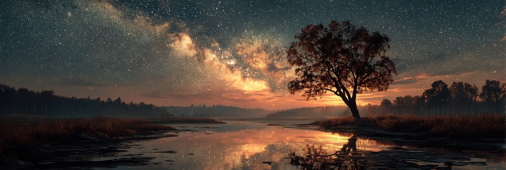 Stunning night sky with the Milky Way reflecting on tranquil water near a solitary tree photo