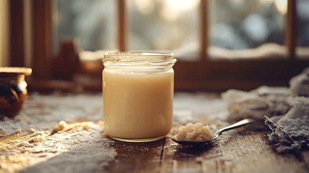 A jar of cream sitting on a table next to a spoon photo