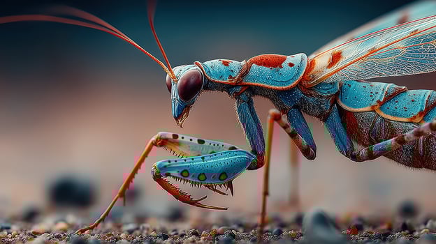 Colorful mantis perched on rocky terrain in a natural habitat during golden hour photo