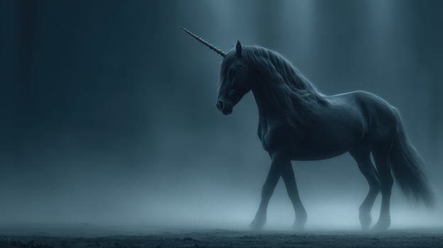Mysterious unicorn walking through fog in a dimly lit forest at twilight photo