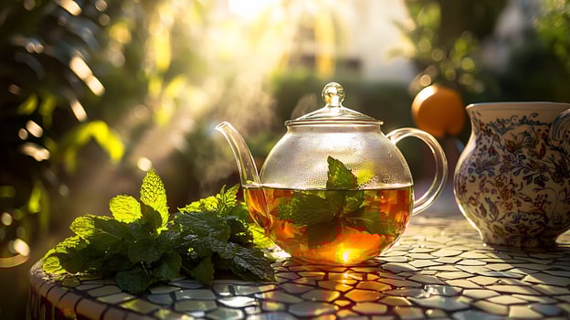 A teapot with a glass pitcher of tea and a bowl of mint photo
