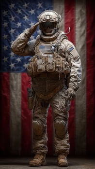 Soldier saluting in combat gear against a backdrop of the American flag during a somber moment of respect photo
