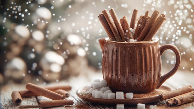 Cinnamon sticks and sugar in a brown jug on a wooden table photo
