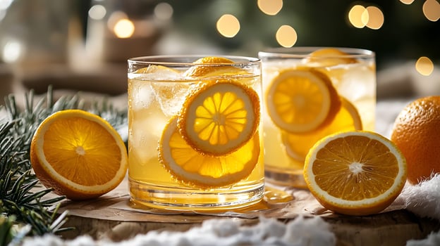Two glasses of orange juice with slices of oranges photo