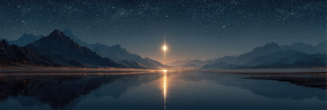 Starlit mountain landscape reflecting in tranquil lake during a clear night sky photo
