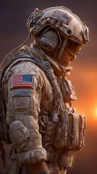 Soldier in tactical gear stands against a vibrant sunset background in a desert environment, conveying strength and resilience photo