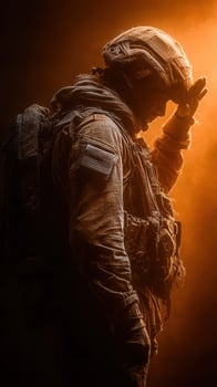 Soldier salutes during sunset, showcasing dedication and bravery in a dramatic atmosphere photo