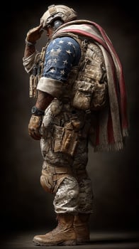 Soldier in camouflage uniform saluting while draped in American flag during a somber moment of respect and remembrance photo
