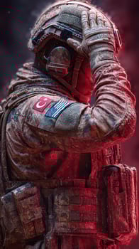 Soldier in dusty combat gear salutes with determination during a red-tinted battlefield encounter at dusk photo