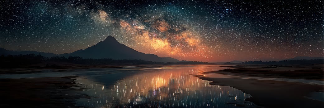 Majestic night sky reflecting over tranquil river with mountain backdrop at twilight photo