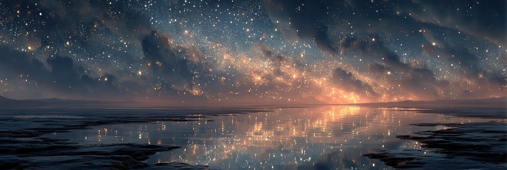 Stunning night sky reflects over calm waters in a tranquil landscape photo
