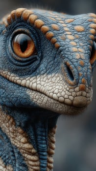 Colorful close-up of a dinosaur-like creature showcasing detailed textures and vibrant eyes in a blurred background photo