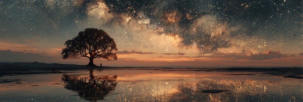 Starry night sky reflecting on water with a single tree at twilight in a serene landscape photo