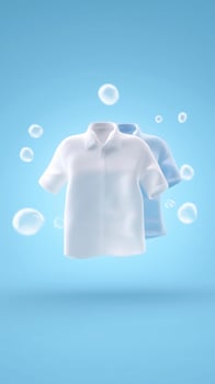Two floating shirts, one white and one light blue, surrounded by bubbles against a soft blue background, showcasing freshness and cleanliness in clothing care photo