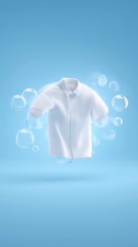 White short-sleeve shirt floating in a blue background surrounded by bubbles, showcasing a clean and fresh appearance, ideal for laundry or clothing advertisements photo