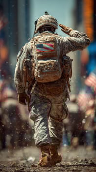 Soldier saluting amid flags in a vibrant city during a parade celebration photo