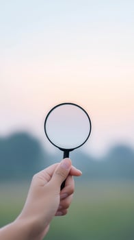 Hand holding a magnifying glass against a soft pastel sky, with blurred greenery in the background, symbolizing exploration, curiosity, and discovery in nature photo
