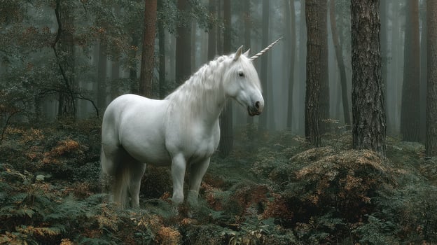Majestic white unicorn standing in an enchanted forest surrounded by mist and lush greenery photo