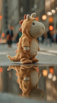 Soft toy dinosaur stands on city street near reflecting puddle during golden hour, capturing urban life in motion photo
