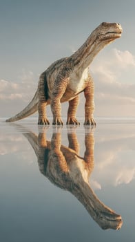 Giant dinosaur standing in shallow water with a reflective surface and a clear sky in the background photo