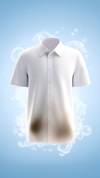 White shirt with stains displayed against a soft blue background, surrounded by bubbles, illustrating the concept of laundry and cleaning products for effective stain removal photo