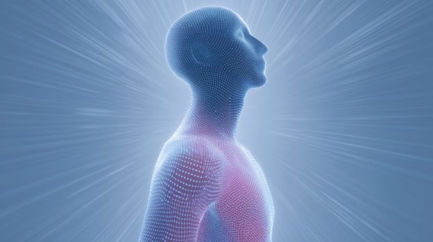 Abstract digital illustration of a human figure composed of glowing particles, emanating light and energy, symbolizing enlightenment and the connection between mind and body in a serene atmosphere photo