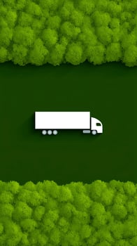 A white truck is driving through a green forest photo