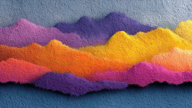 Vibrant abstract landscape artwork displayed on wall featuring colorful mountain ranges at sunset photo