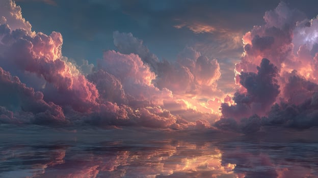 Stunning sunset over calm waters with vibrant clouds reflecting warm hues photo