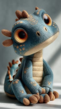 Colorful plush dragon sitting on a surface with a curious expression and detailed features in soft sunlight photo