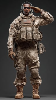 Soldier in military gear saluting with pride against a solid background during a ceremonial moment photo