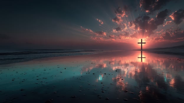Cross reflecting on a peaceful beach during a stunning sunset with colorful clouds and calm waters photo