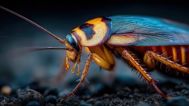 Close-up view of a colorful cockroach revealing intricate details in its body structure photo