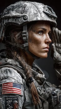 Female soldier in tactical gear salutes with determination during a military training exercise at dusk photo