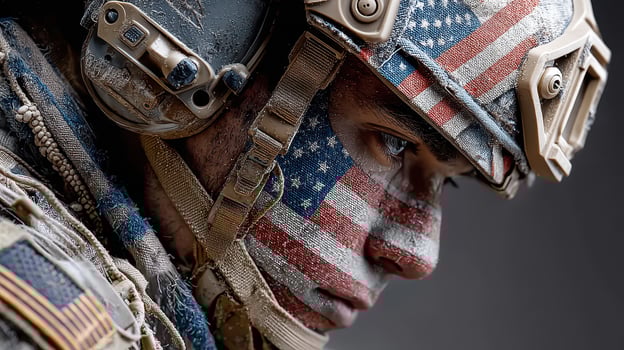 Soldier displays pride with American flag face paint during training exercise in rugged terrain photo