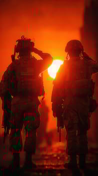 Soldiers salute at sunset, honoring comrades in shadowy silhouette against an orange sky photo