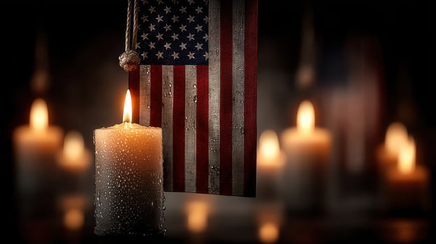 Memorial tribute with candles and American flag creating a solemn atmosphere for remembrance photo