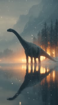 Dinosaur stands by a shimmering lake during twilight with fog and mist enveloping the serene landscape photo