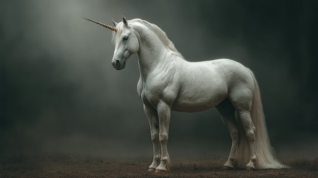 Majestic white unicorn standing gracefully in a misty forest during twilight hours showcasing its magical presence photo