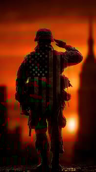 Soldier saluting against a sunset backdrop with a patriotic design featuring a flag motif photo