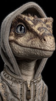 Lizard-like character wearing a hoodie in a dramatic close-up with detailed features and textures photo