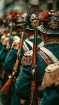 Marching soldiers in historical uniforms during a parade in a bustling city street photo