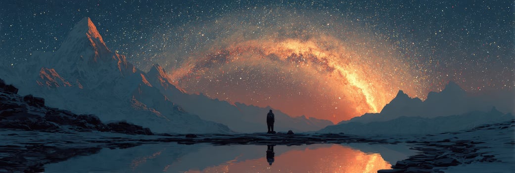 Breathtaking night sky illuminates mountain landscape with a solitary figure gazing at stars photo