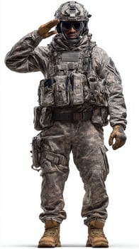Soldier saluting in military uniform during training exercise at camp in daylight photo