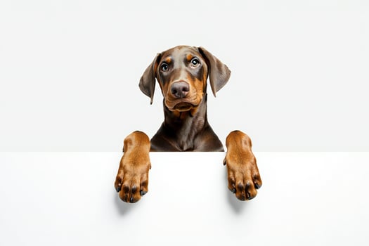 Dog Background Adorable Doberman Puppy Holding Blank Sign Cute Dog Paws Pet Advertisement photo