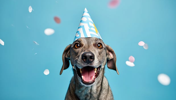 Dog Background Happy Birthday Dog Wearing Party Hat Confetti Celebration photo