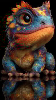 Colorful fantasy creature sitting on a reflective surface with vivid scales and large expressive eyes photo
