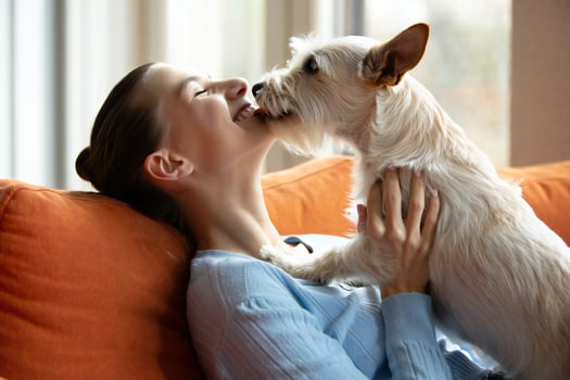 Dog Background Happy Young Woman Relaxing on Couch with Small Dog Affectionate Pet Cozy Home Scene photo