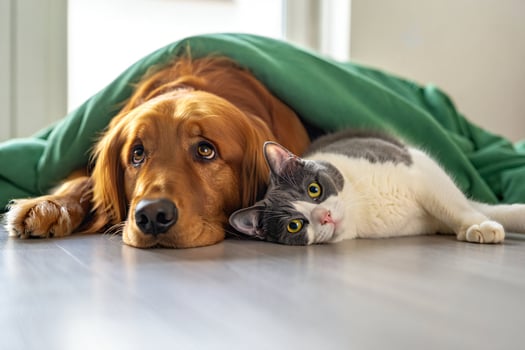 Dog Background Golden Retriever and Cat Relaxing Under Blanket Cozy Home Pets Adorable Animals photo