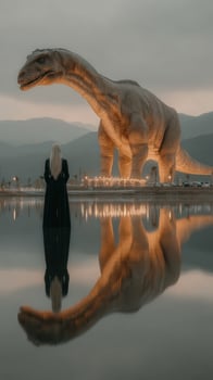Giant dinosaur sculpture towers over a reflective lake with a lone figure in a long black dress at dusk photo